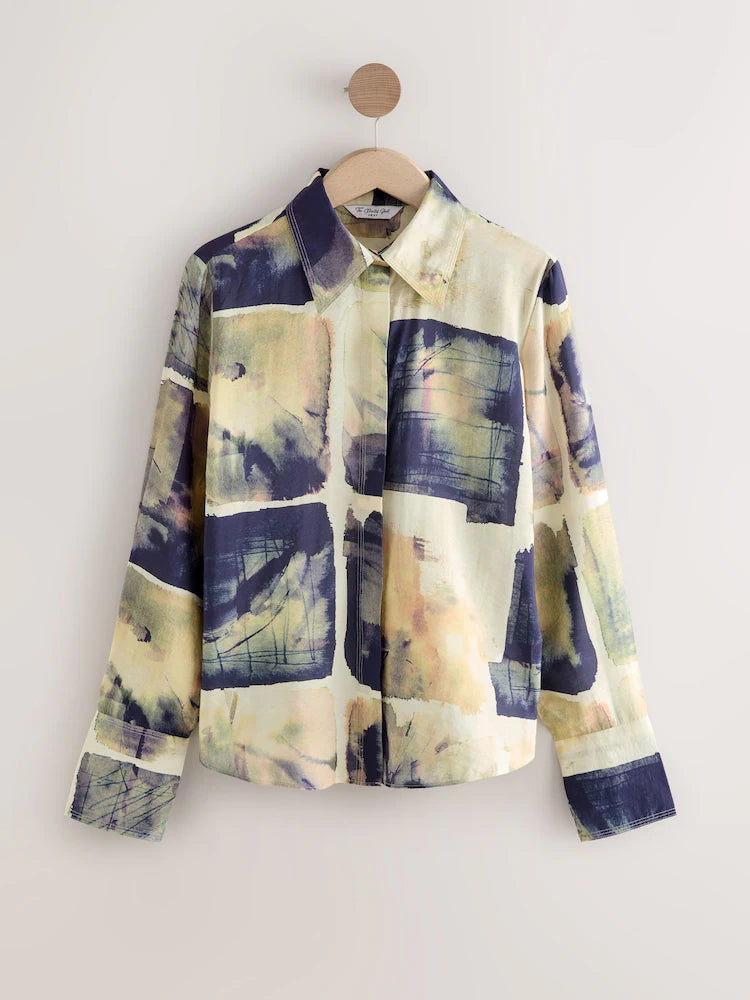 Navy/Cream Grid Print Long Sleeve Button Down Shirt