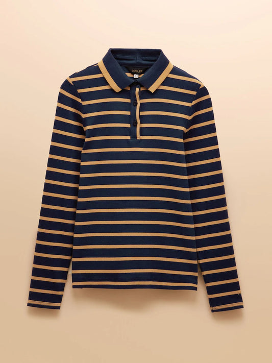 Joules Fairfield Navy Blue & Brown Stripe Ribbed Long Sleeve Polo Shirt