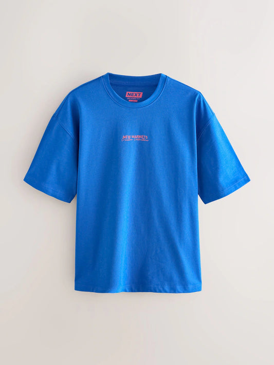 Blue Text Relaxed Fit Vintage Print Heavy Weight T-Shirt