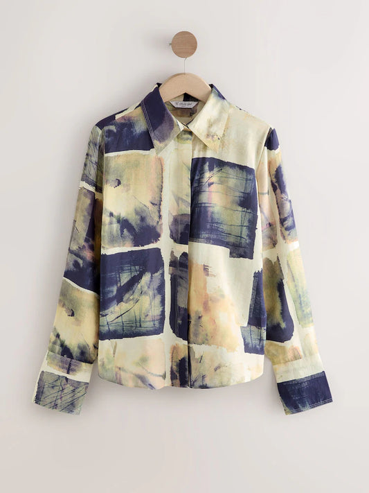 Navy/Cream Grid Print Long Sleeve Button Down Shirt