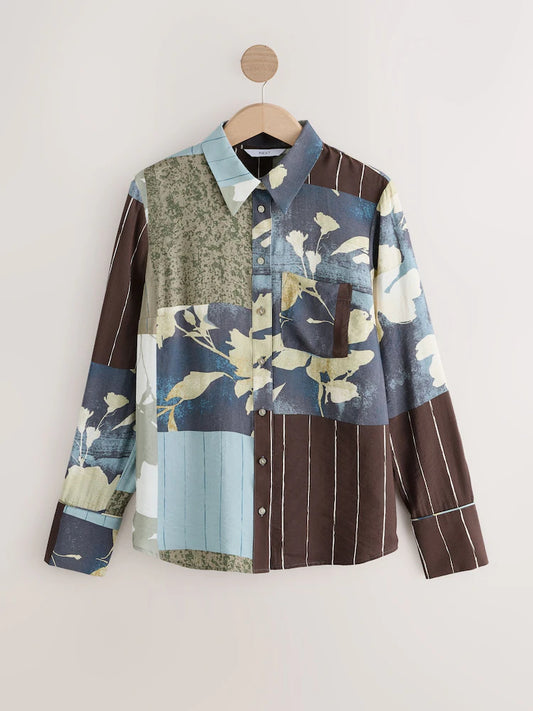 Blue Abstract Spliced Print Long Sleeve Button Down Shirt
